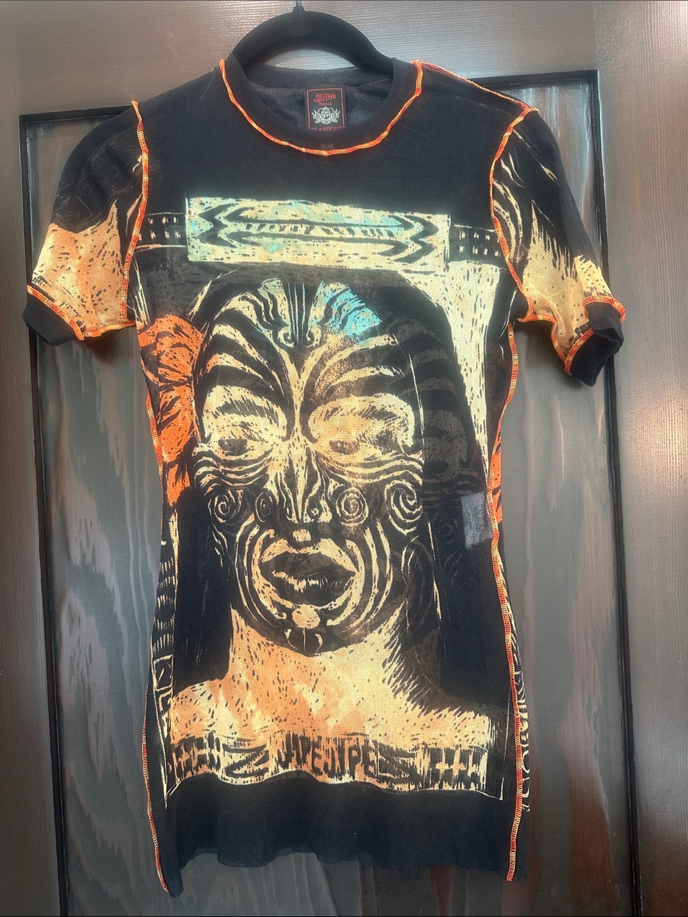 Vintage 90s Jean Paul Gaultier Maori Tribal Mask Tattoo Mesh Top Authentic JPG